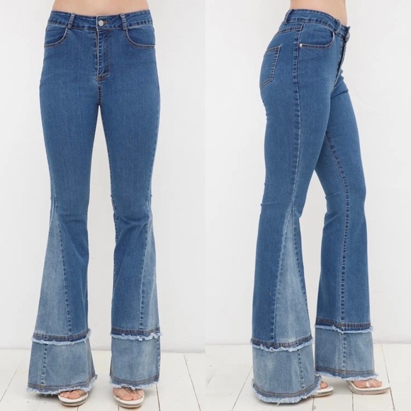 Two Tone Flare BellBottom Patchwork Frayed Hem High Rise Jeans Stretch Denim - Picture 4 of 14